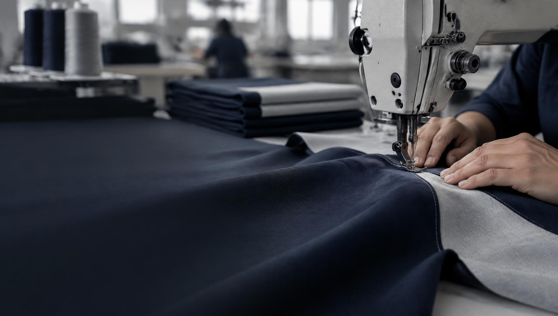 Ambiente organizado de produção de vestuário com máquina de costura industrial
